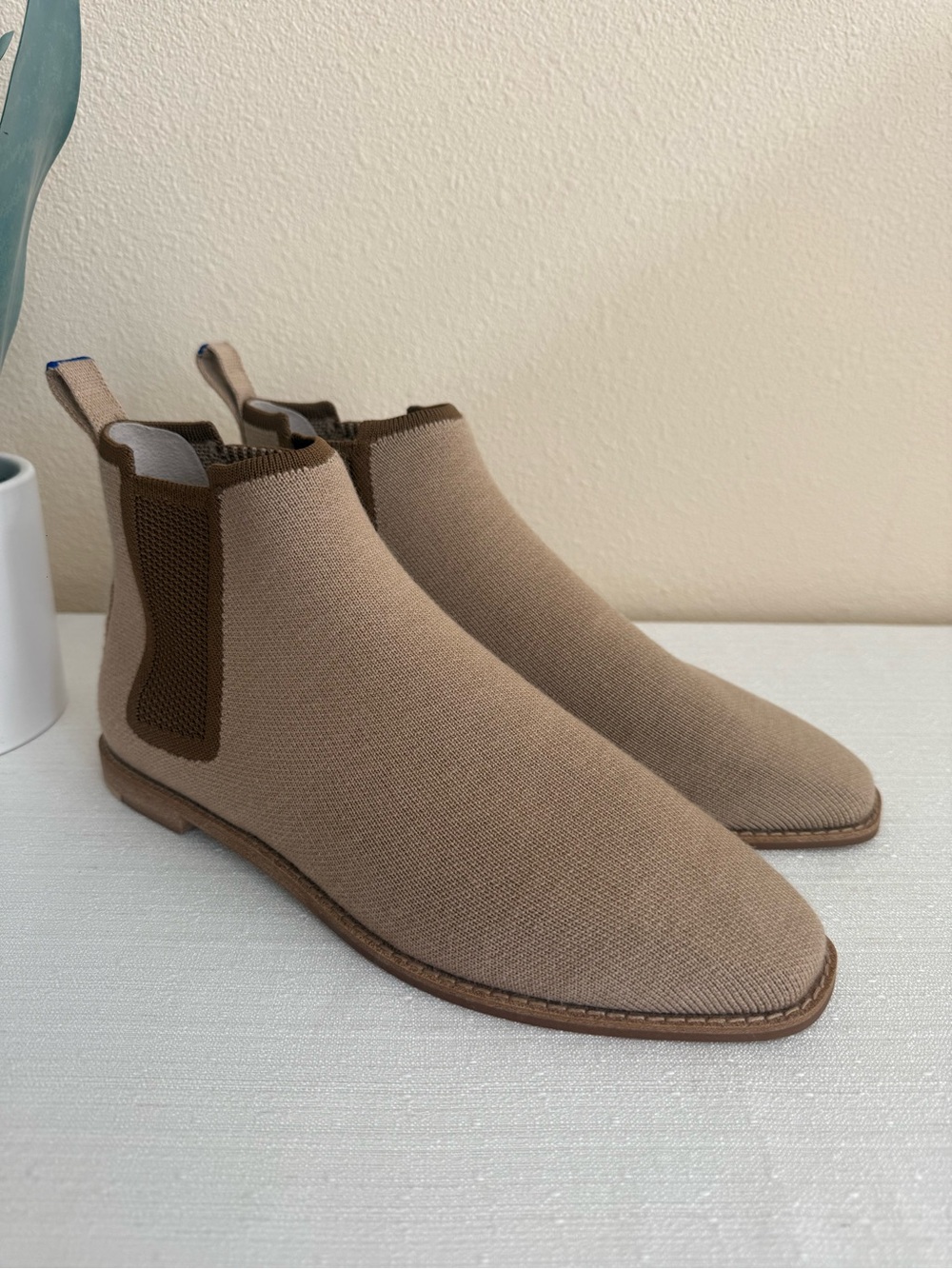 New Rothy’ women's Slip-On Chelsea Knit Wool Boot in Beige
